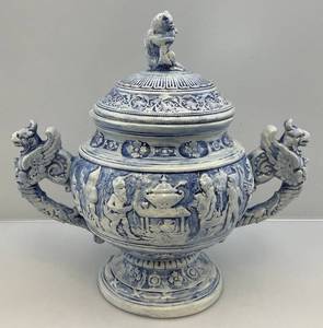 lot 223 image: Vintage Grimms Fairy Tale Gnome Blue Majolica Stonware Tureen With Lid