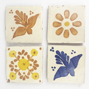 lot 24 image: Mexican Hand Painted Terra-Cotta TALAVERA Vintage Tiles Set of 4 - 4 inch