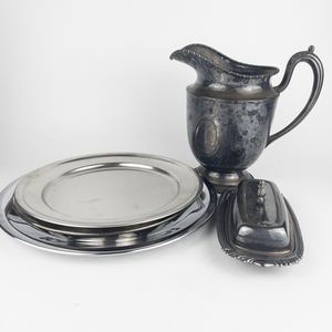lot 26 image: Group of 6 Silver Plate Trays, Butter Dish, & Pitcher -Gorham, Selandia, Kormex
