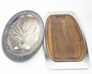 lot 27 image: Vintage Footed Silver Plate Meat Plater 19 & Selandia Designs Wooden Charcuterie Board Insert with Stainless Tray