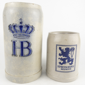 lot 18 image: VINTAGE German Stein #11 & LOWENBRAU Stoneware .5L Stein Munich
