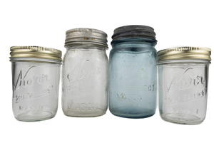 lot 71 image: Group of 4 Mason Jars 1910-1923 Pint Blue Ball Mason Jar & 3 KENN Self Sealing Jars