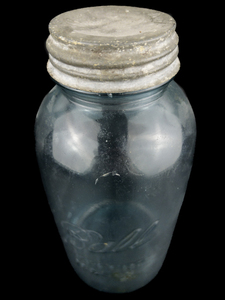 lot 66 image: 1923-1933 Perfect Mason Blue Ball Half-Gallon Mason Jar with Zinc Lid