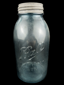 lot 65 image: 1910-1923 Perfect Mason Blue Ball Half-Gallon Mason Jar with Zinc Lid