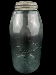 lot 63 image: Antique 1900-1910 Triple L Logo Blue Ball Half-Gallon Mason Jar with Zinc Lid