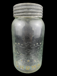 lot 70 image: Vintage Crown Blue Imperial Quart Mason Jar with Glass Lid & Top