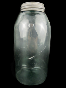 lot 64 image: Antique 1900-1910 Triple L Logo Blue Ball Half-Gallon Mason Jar with Zinc Lid