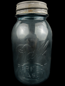 lot 67 image: 1923-1933 Perfect Mason Blue Ball Quart Mason Jar with Zinc Lid