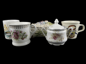 lot 82 image: Group Lot -Mugs, Sugar Bowl, & Floral Trinket Box-