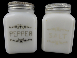 lot 77 image: Vintage Milk Glass Salt & Pepper Shakers with Scroll Pattern 3.25 Circa 1940s