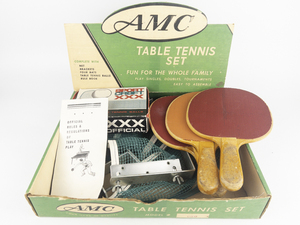 lot 108 image: Vintage AMC Table Tennis Set -Net, Brackets, Balls, Rule Book, & 3 Bats Model #600