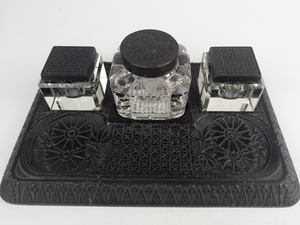 lot 110 image: Antique Cast Iron Three Glass Bottle Inkwell & Nibs