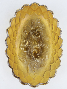 lot 46 image: ANTIQUE (circa 1911)  Carnival Glass  IMPERIAL Pansy Oval Celery Dish Marigold (orig. Rubigold) 8.5 -&nbspPattern #478