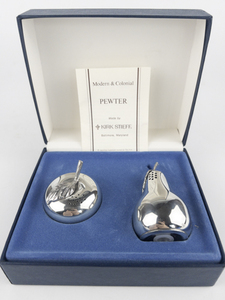 lot 52 image: Kirk Stieff PEWTER Salt & Pepper Shakers with Fruit Motif in Original Box #500