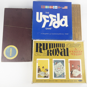 lot 267 image: Group of 4 Vintage Games -Scrabble, Uffda, Rummy Royal, Cribbage-