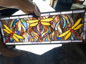 lot 138 image: MEYDA TIFFANY #48091 Tiffany Dragonfly Trio Stained Glass Window, 28 Width x 10 Height
