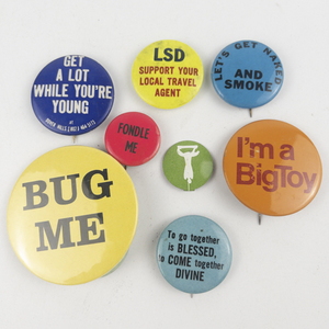lot 296 image: Group of Vintage Buttons - Edgy Slogans