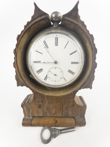 lot 307 image: ANTIQUE Pocket Watch with Carved Wooden Display Stand