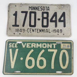 lot 362A image: Two VINTAGE License Plates - MINNESOTA black & White Centennial Plate circa 1949 and VERMONT circa early 1970s