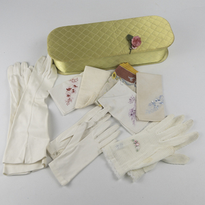 lot 317 image: Group of VINTAGE  Childrens Gloves and Embroidered Handkerchiefs in a Lime Green Hinged Box