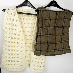 lot 336 image: VINTAGE Pair of Vests - Handknit cream, and Tweed Vest with side buttons