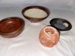 Variety of Pottery Bowls and Himlayan Salt Candle Holder