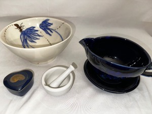 Cobalt Blue Gravy Boat, Small Mortar and Pestle, White and Blue Dish and Small Heart Shaped Trinket Box