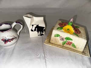 Vintage Art Deco Arthur Wood Basket Weave Floral Covered Butter Dish, Cow Creamer, and Small Pitcher