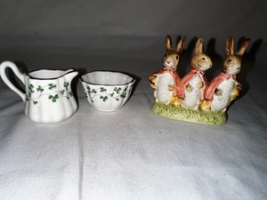 Royal Tara Fine Bone China Shamrock Small Sugar and Creamer and Royal Albert Beatrix Potter Figure  inchesFlopsy, Mopsy & Cottontail inches Figurine