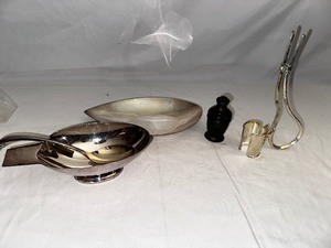 Silverplated Wine Bottle Holder, Salt Shaker, and Pair of Silverplated Serving Dishes