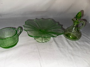 Green Depression Uranium Glass Double Handled Sugar Bowl, Footed Embossed Glass Dish, and Vintage 1930s Anchor Hocking Glass Cruets with Lid
