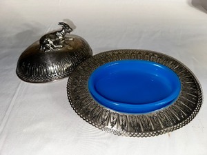 Antique Silver Plate Butter Dish with Cow Lid and Blue DishBowl - Purchased in Sweden in 1874