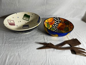 Costa Rican Folk Art Pottery Fruit Bowl, Pottery Bowl and Crane Wood Salad Tongs