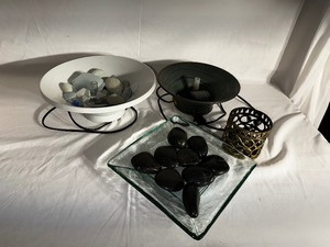 Two Babbling Bowls, Glass dish with black stones, and jar of stones