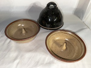 Two Pottery Apple Bakers and Pottery Cheese DishCloisonne