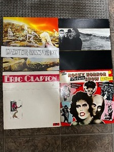 Four Vinyl LP Record Albums - U2 Joshua Tree, Eric Clapton, Led Zepplin, and Rocky Horror Picture Show