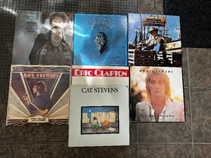Seven Vinyl LP Record Albums - Cat Stevens, Rod Stewart, Simon and Garfunkle and Jimmy Buffet