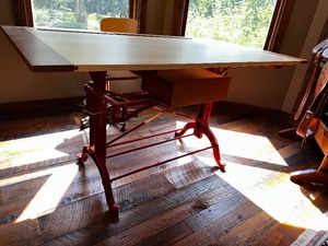 Industrial Antique Cast Iron Drafting Table with Swing out Storage
