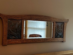 Mission Style Oak Beveled Mirror with Nature Tile Side Inserts of Birds Measuring 45 x 16