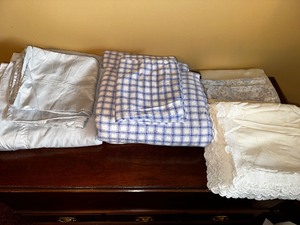 Queen Size Flannel Sheets in Blue and White Plaid, Pair of White Flannel Euro Shams, White Satin Standard Pillow Cases, Blue and White Floral King Pillow Cases, and Queen Set of Light Grey Bellora 100% Cotton Sheets