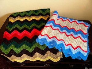 Vintage Hand Knit Chevron Throws. One Measuring 34 inches x 36 inches the Other Measuring 54 inches x 42 inches