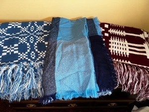 Three Throw Blankets - Blue and White is 35 x 72, Red and Cream Blanket 35 x 72, and a Lighter Weight Blanket Measuring 44 x 44