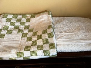 White Coverlet Measuring 82 x 88 and Green and White Patch Quilt Measuring 96 x 80