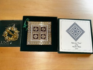Supreme Court Historical Society Commemorative Swatch Courtroom Drape Ornament and Lunt Silversmiths Wreath Christmas Ornament