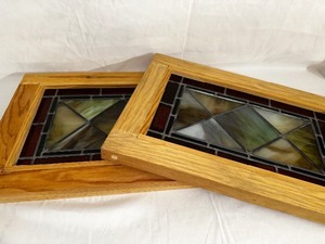 Pair of Stain Glass Windows in Red, Green, Amber Glass - Measuring 21 x 14