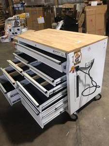Husky Tool Storage 46 in. W Gloss White Mobile Workbench Cabinet Damaged No Keys Customer Returns See Pictures