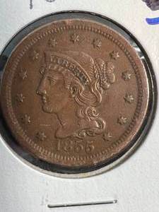 1855 US BRAIDED HAIR LARGE CENT