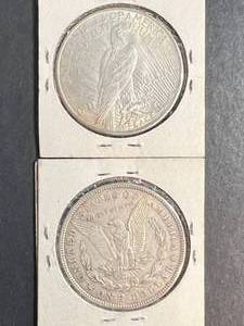 1921-D US MORGAN SILVER DOLLAR WITH 1922 PEACE SILVER DOLLAR