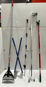 lot 24 image: Small Rake, Clean Scoop, Fiber Glass Electric Fence Post, Litter Grabber, 11 Extendable Christmas Light Pole