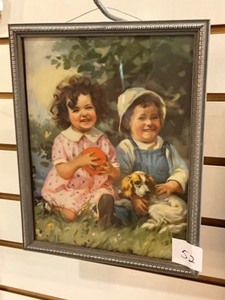 lot 52 image: Vintage framed picture of Boy & Girl, Dog & Ball